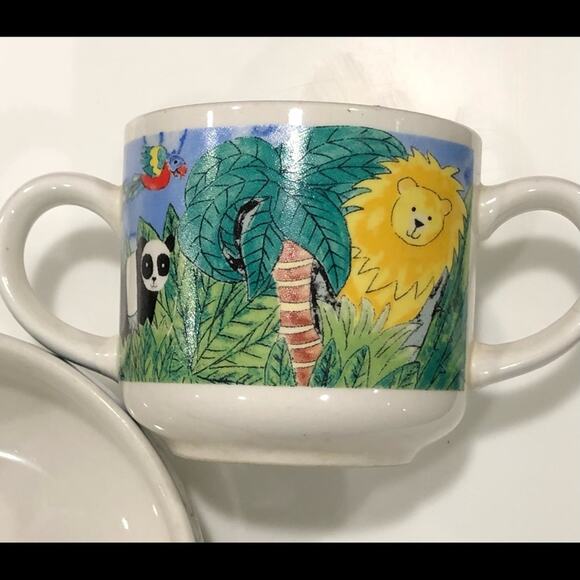 RETRONEU Everyday JUNGLE KIDS 2 Pc Stoneware Dining Set Double Handle Mug + Bowl - Picture 2 of 11